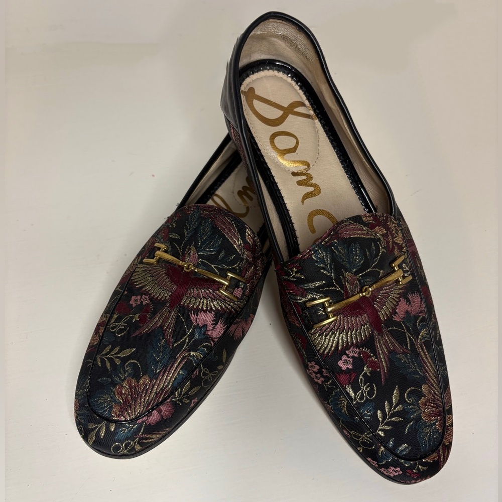 Sam Edelman Black and Gold Embroidered Loafers
